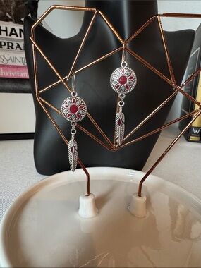 Fashion Jewelry Silver-Tone Feather Dangle Earrings with Red Accents